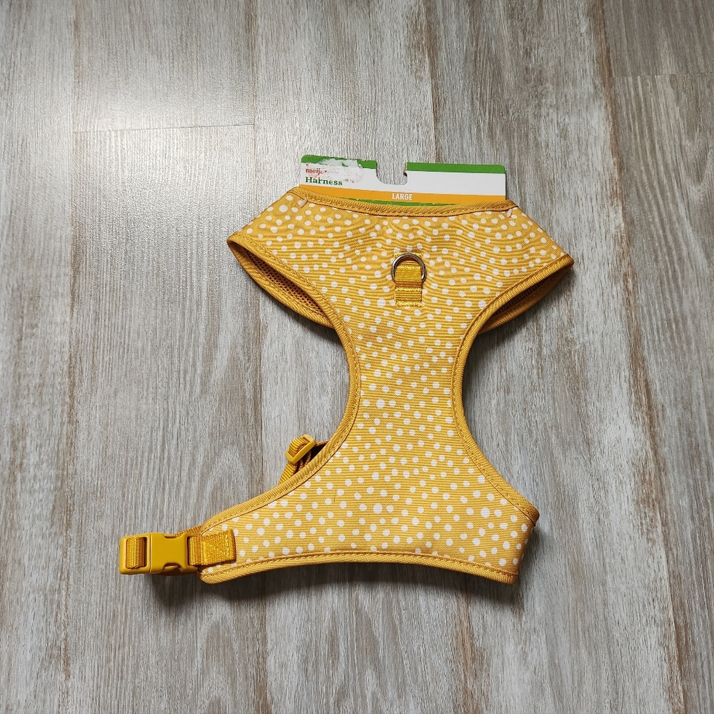 NWT Meijer Dog Harness Yellow White Polka Dot Mesh Lining Adjustable Sz XL